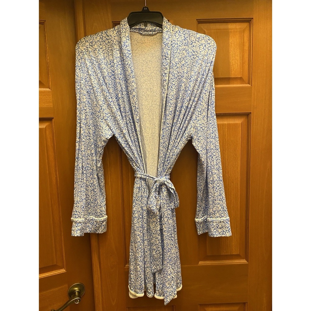 Vineyard Vines Womens Lounge Floral Blue Robe Tie Belt Large XL Preppy Stretch